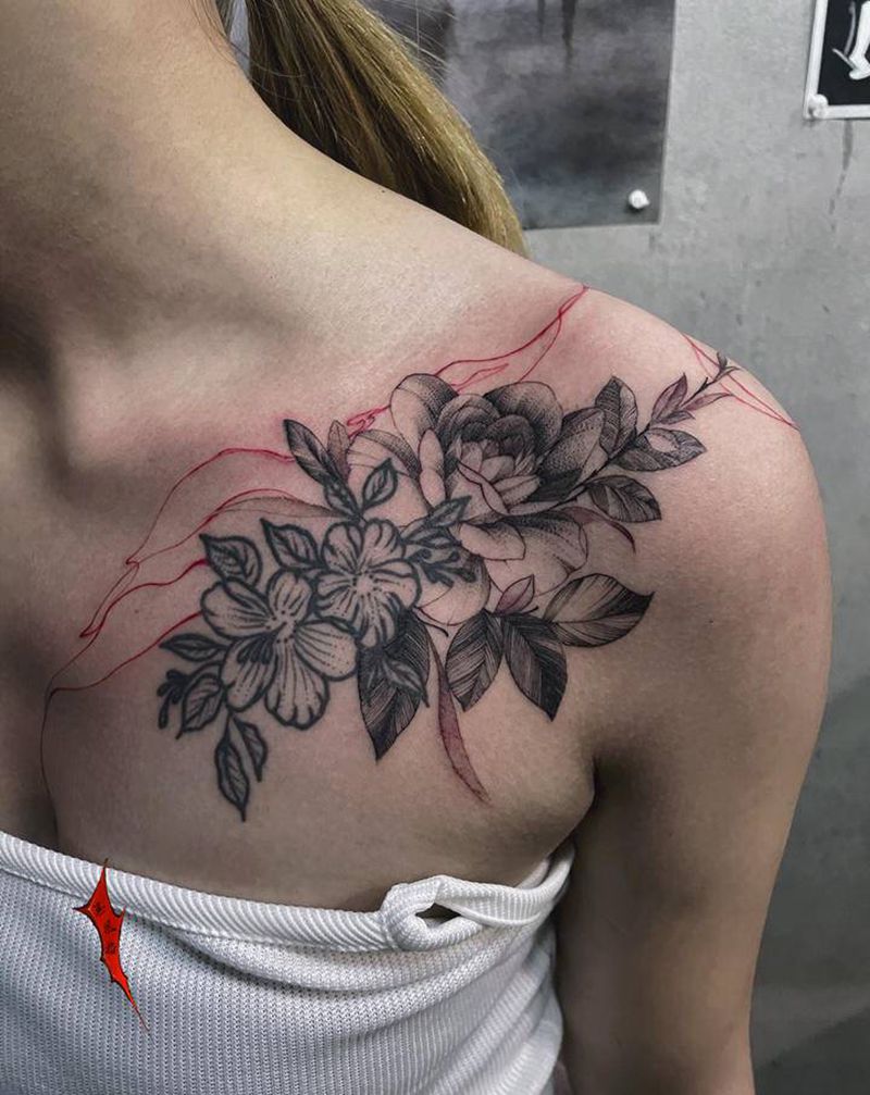 添加一个素花纹身图片_胸部纹身图案