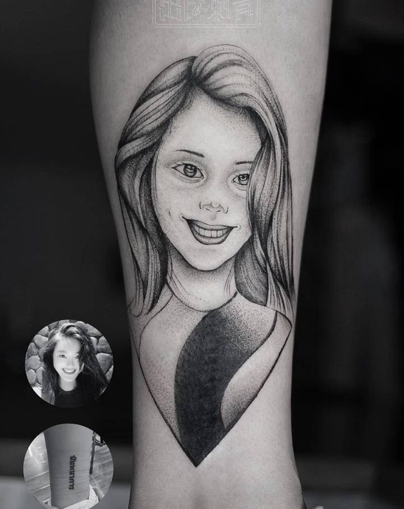 清爽单针肖像纹身图片_腿部欧美写实点刺纹身图案