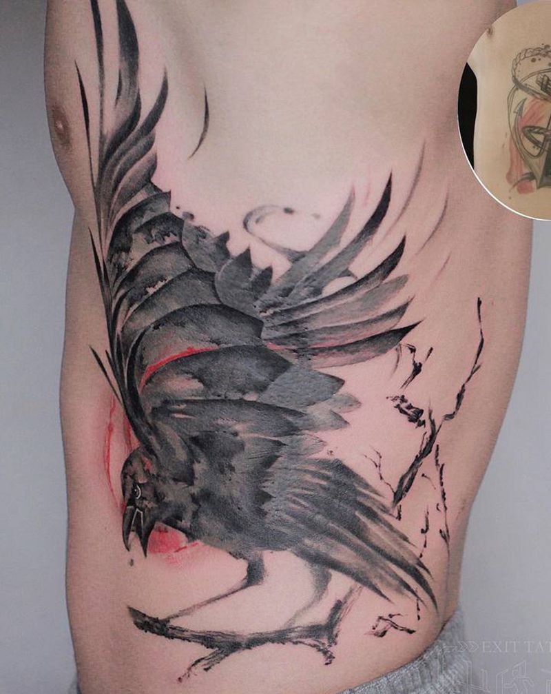 乌鸦纹身图片_腰部水墨纹身图案