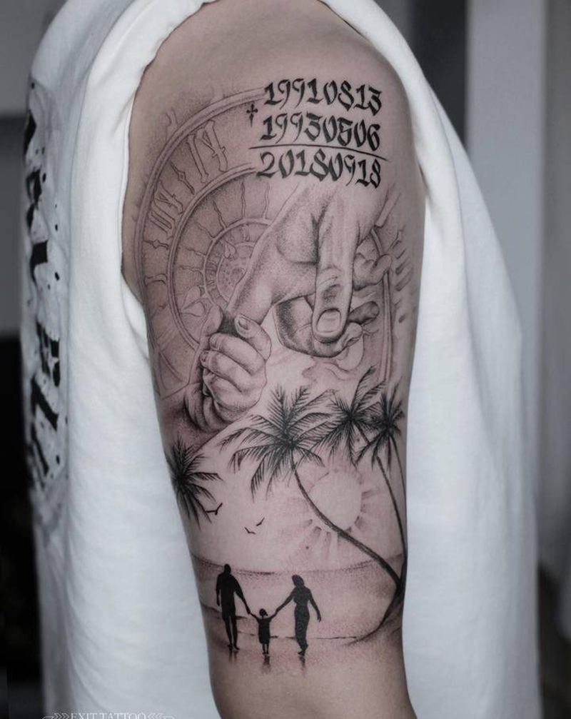 相亲相爱的一家三口纹身图片_手臂欧美写实点刺家单针椰树纹身图案