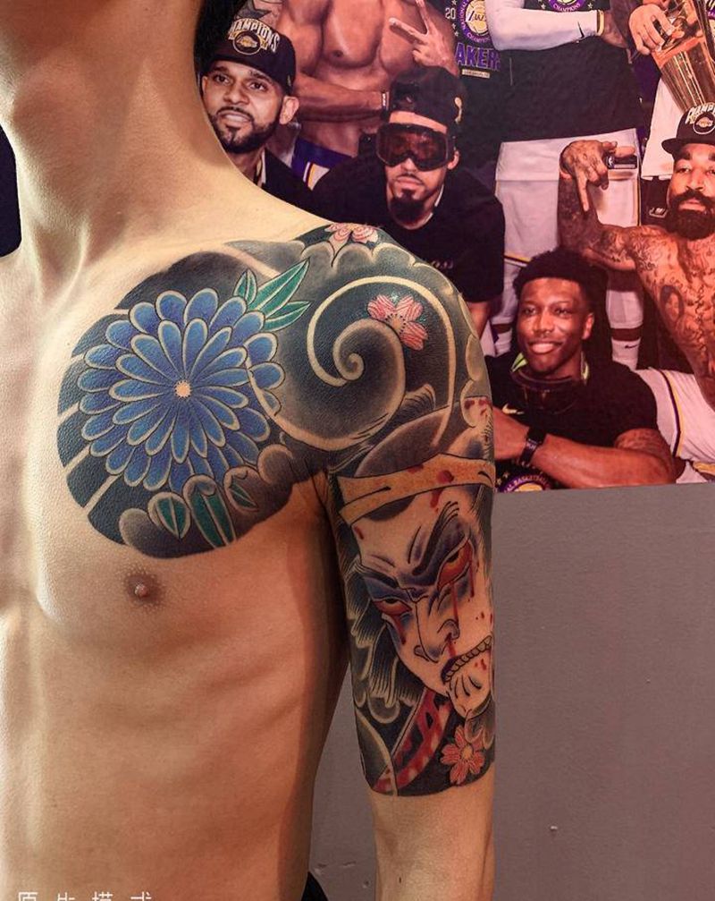 半甲纹身图片_手臂胸部老传统生首纹身图案