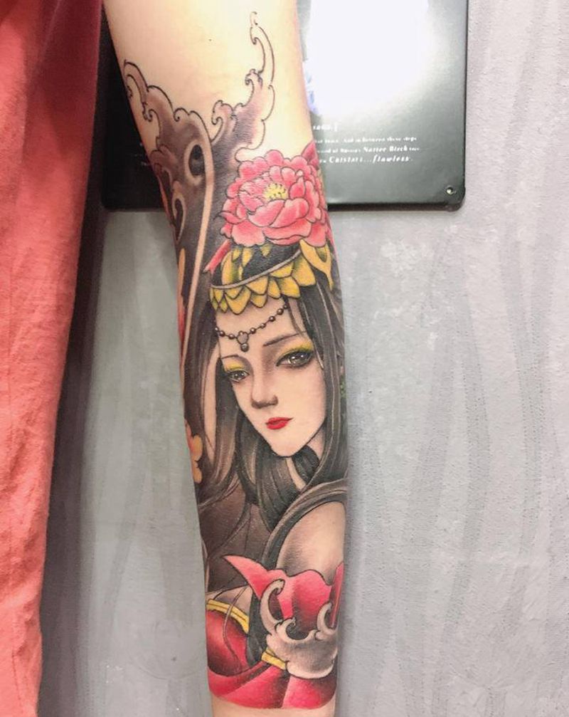 包小臂纹身图片_手臂新传统艺妓纹身图案