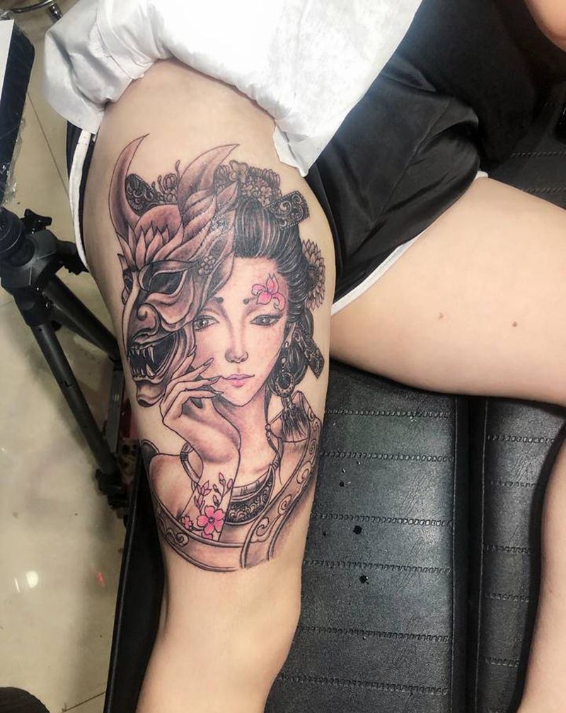 艺姬纹身图片_腿部新传统艺姬纹身图案