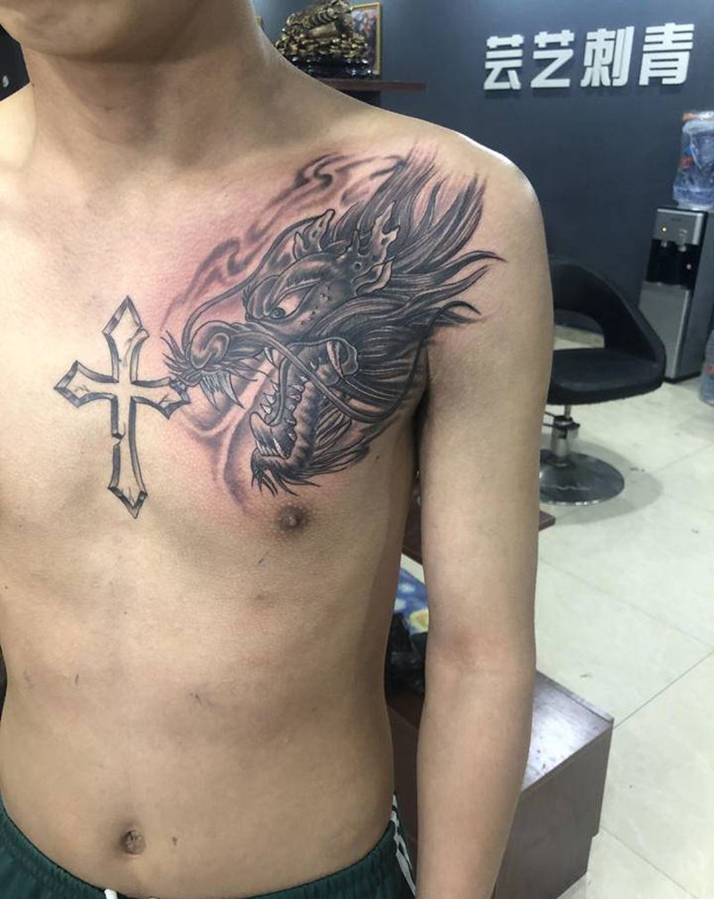 龙纹身图片_胸部新传统纹身图案
