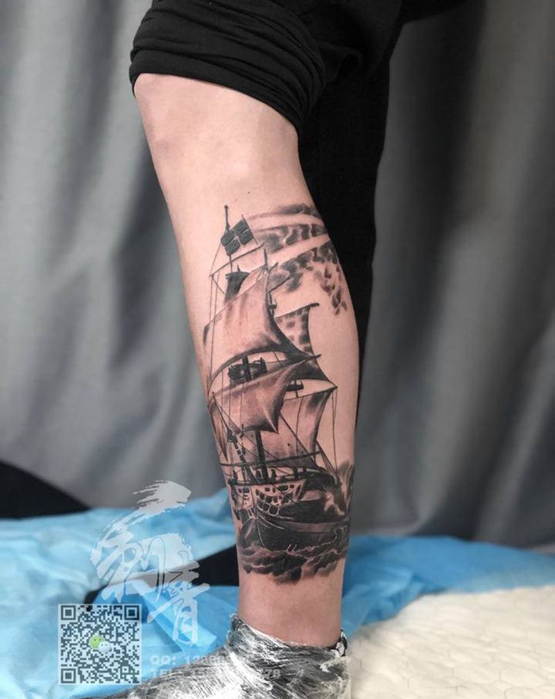 船纹身图片_腿部欧美写实纹身图案