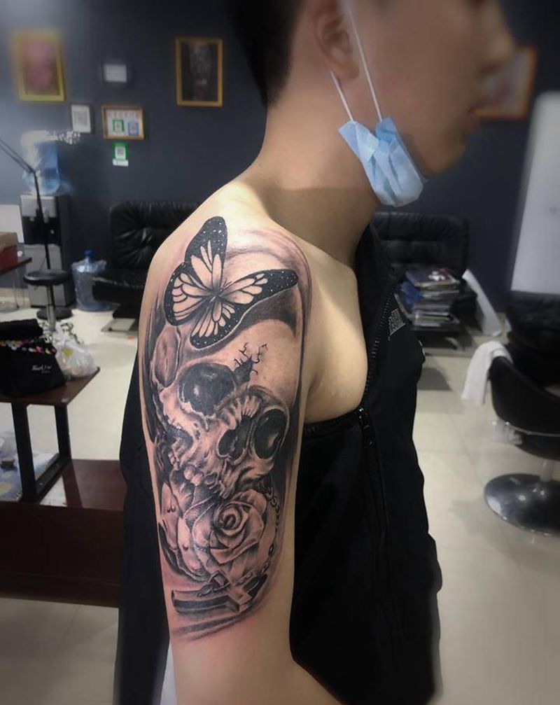 骷髅纹身图片_手臂欧美写实骷髅 花纹身图案