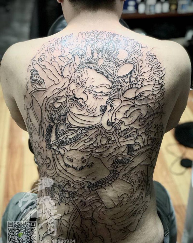 黄财神纹身图片_背部新传统纹身图案
