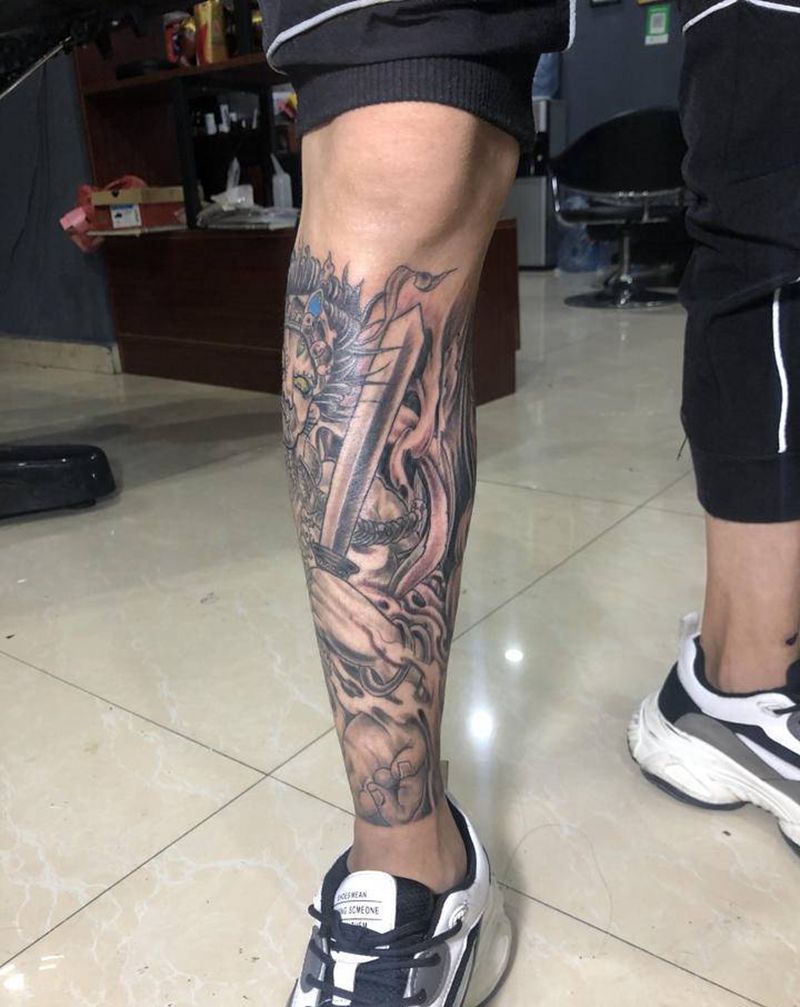 包小腿纹身图片_新传统不动明王小腿包小腿纹身图案