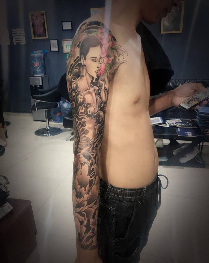 花臂纹身图片_新传统花臂达摩佛纹身图案