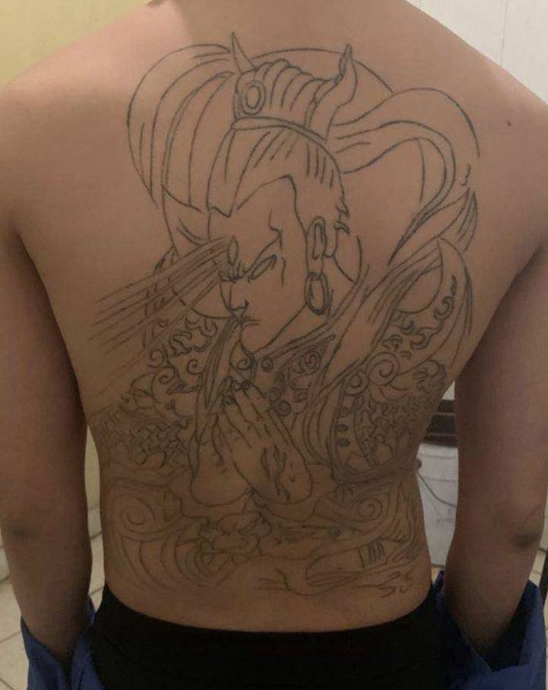 二郎神修改纹身图片_背部新传统修改二郎神纹身图案