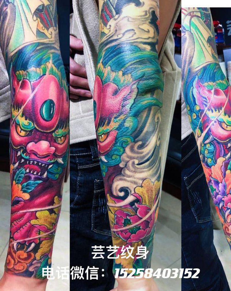 唐狮纹身图片_手臂新传统唐狮纹身图案