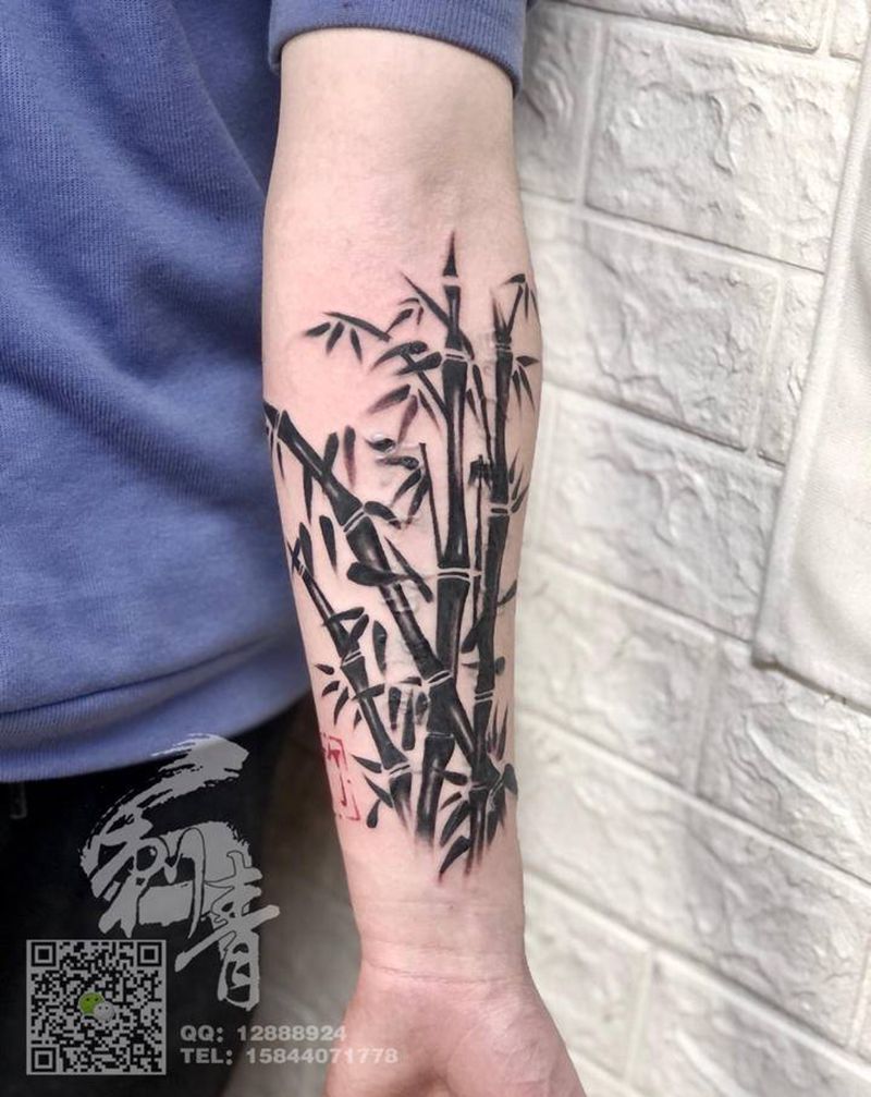 竹子纹身遮盖纹身图片_手臂水墨纹身图案