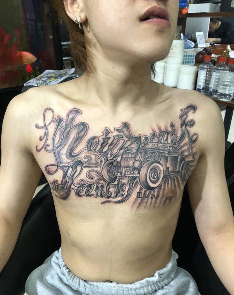 花体花胸纹身图片_胸部新传统花体字花体花胸纹身图案