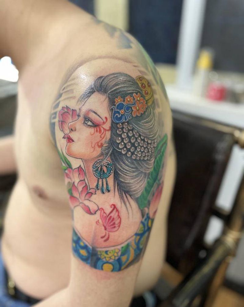 艺妓纹身图片_手臂新传统纹身图案