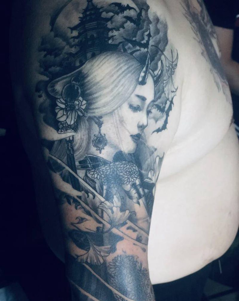 艺妓纹身图片_手臂新传统纹身图案