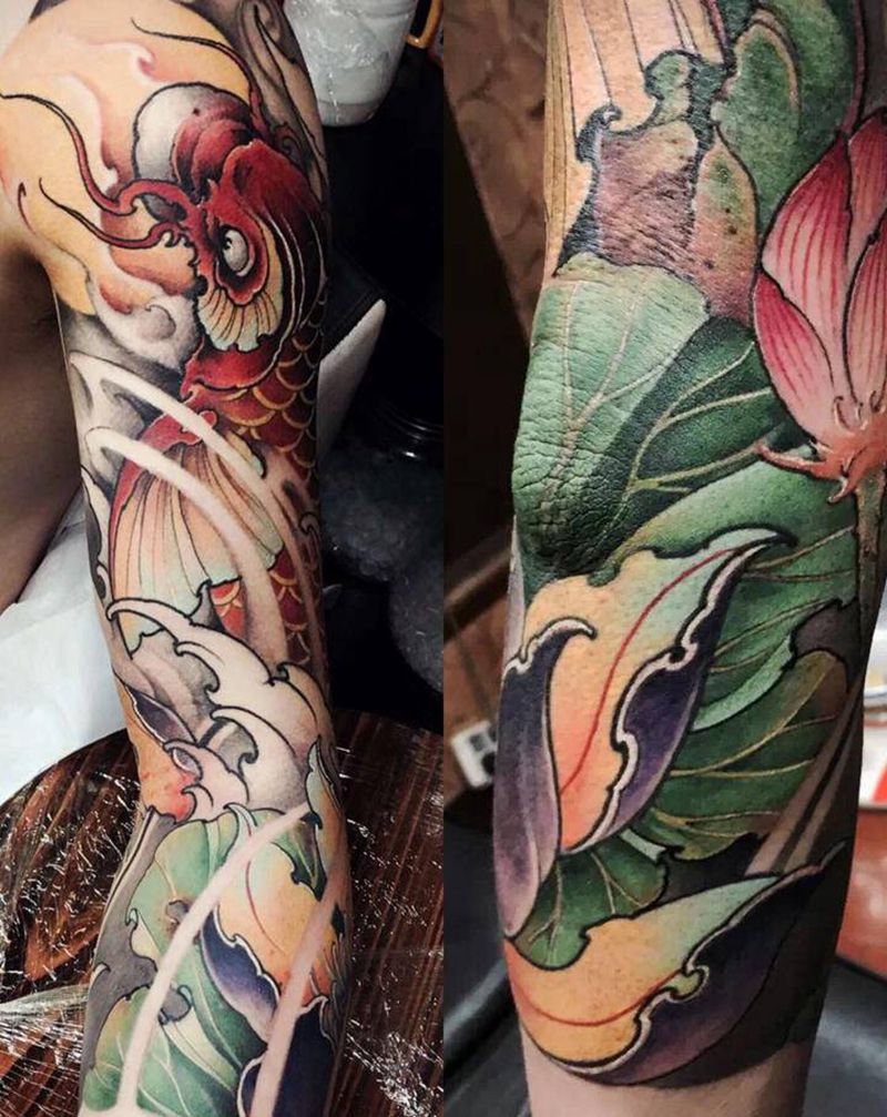 鲤鱼 七分臂纹身图片_手臂新传统鲤鱼锦鲤荷花 荷叶纹身图案