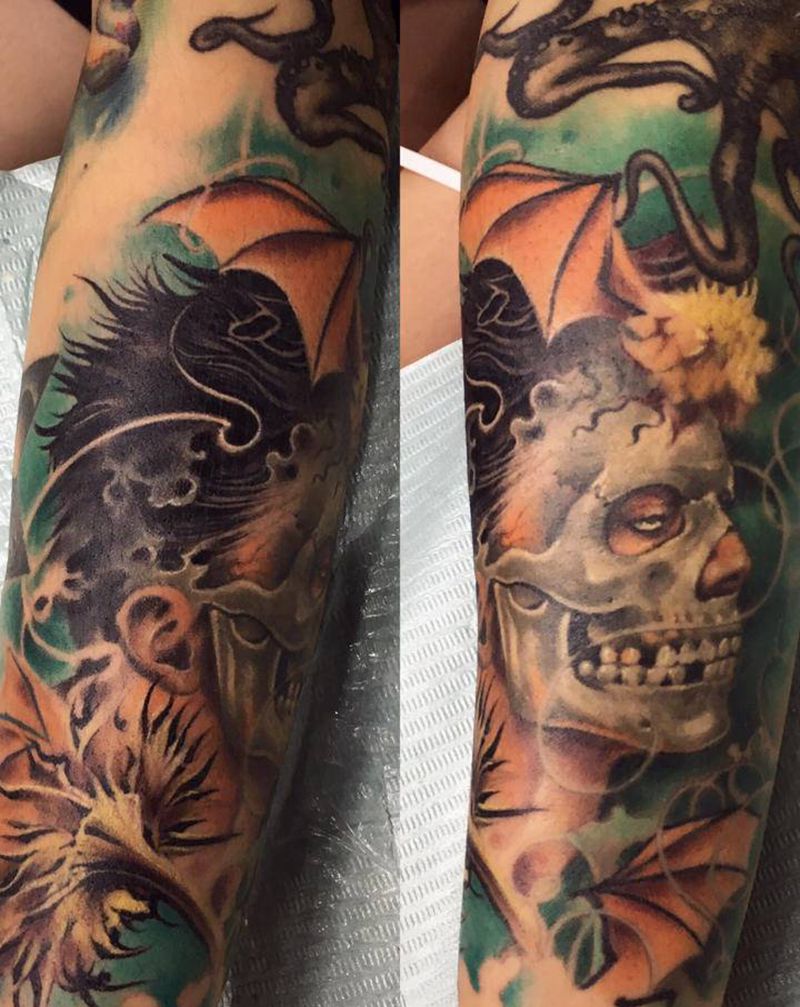 骷髅女孩纹身图片_手臂New School骷髅花臂new school纹身图案