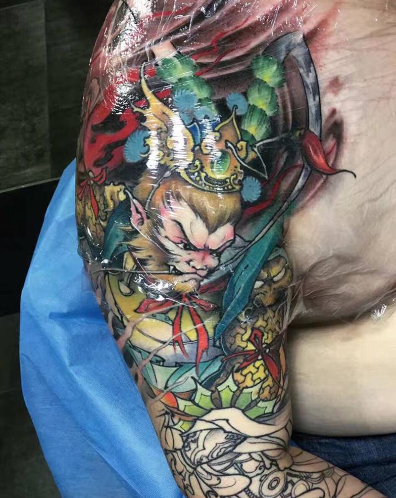 美猴王纹身图片_手臂新传统孙悟空齐天大圣美猴王纹身图案