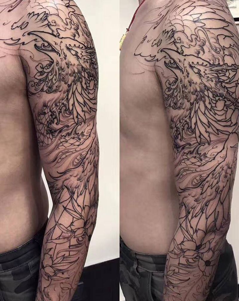 凤凰花臂纹身图片_手臂新传统凤凰花臂朱雀纹身图案