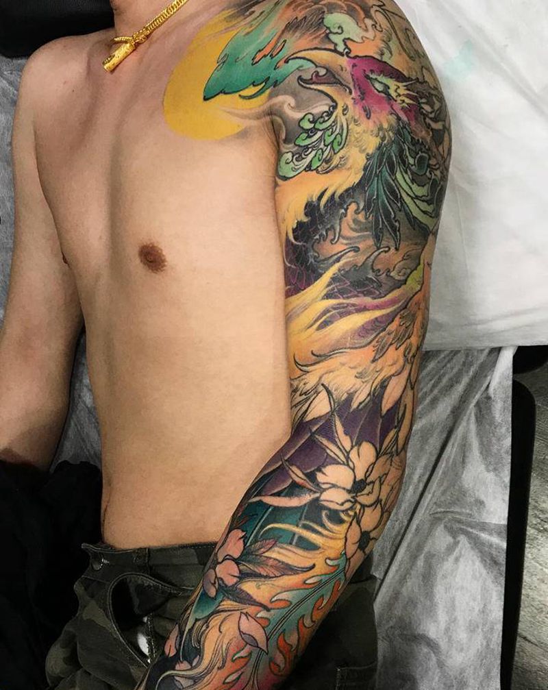 凤凰花臂进度纹身图片_手臂新传统凤凰花臂朱雀纹身图案