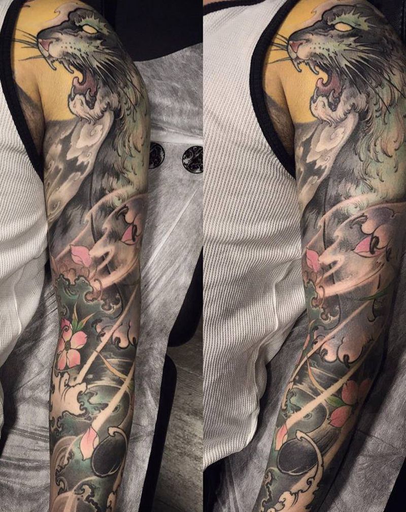 花臂虎纹身图片_手臂新传统虎花臂老虎彩色花臂纹身图案