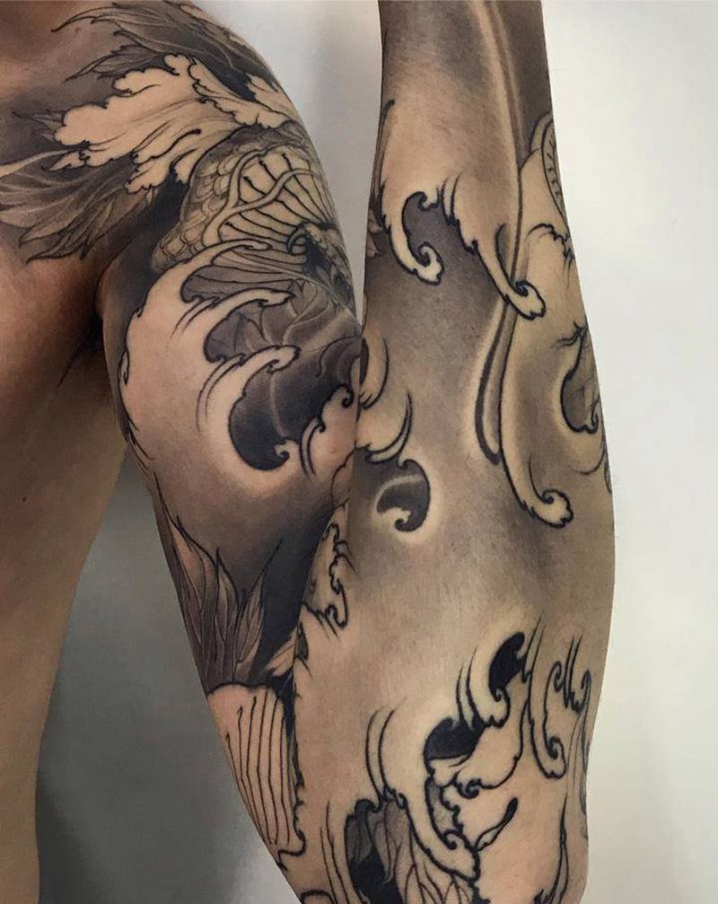 花与蛇  浪纹身图片_手臂新传统花与蛇蛇牡丹纹身图案