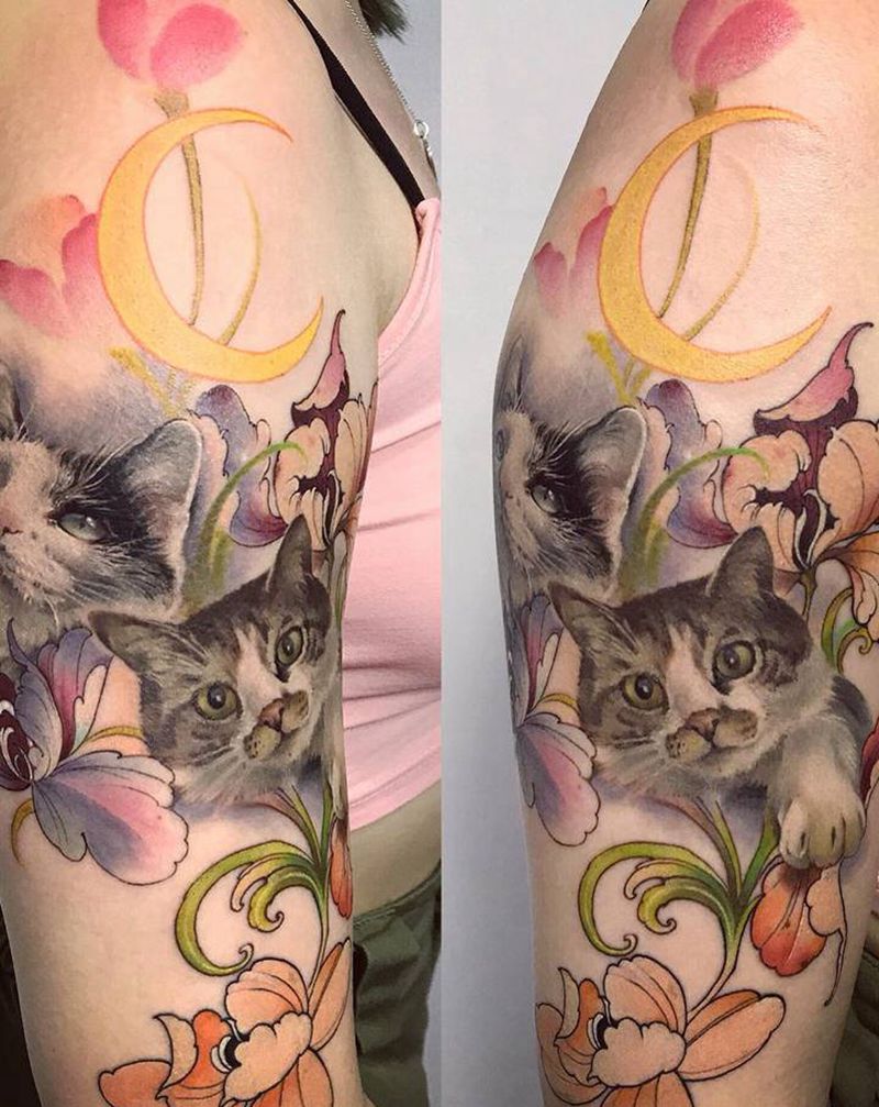 纪念猫咪纹身图片_手臂New School猫花臂小猫纹身图案