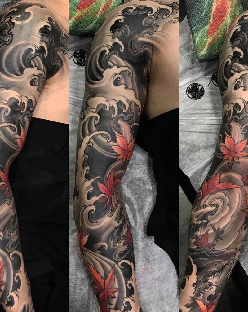 磐石 水浪纹身图片_手臂新传统浪臂浪花花臂遮盖纹身图案