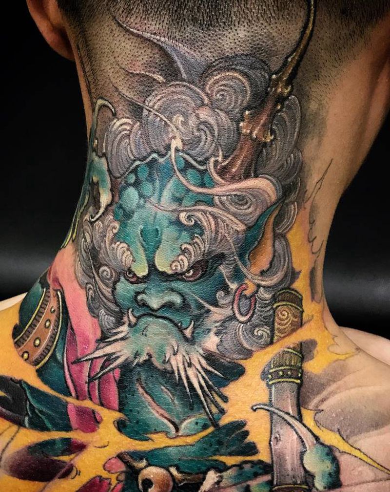 雷神Raijin纹身图片_颈部肩部新传统雷神Raijin脖子纹身图案