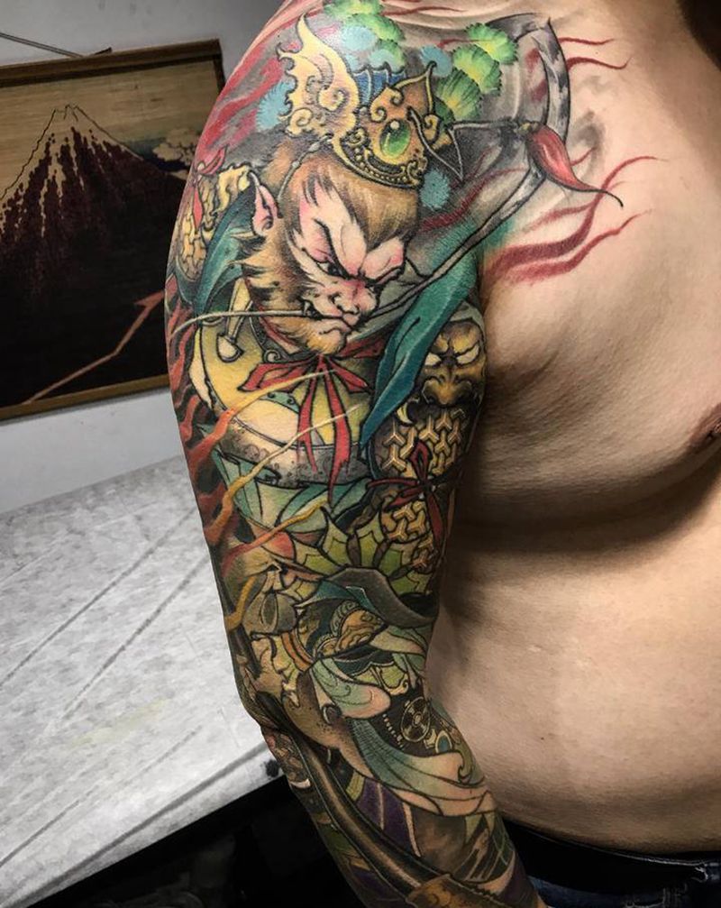 齐天大圣纹身图片_手臂新传统孙悟空齐天大圣悟空花臂纹身图案