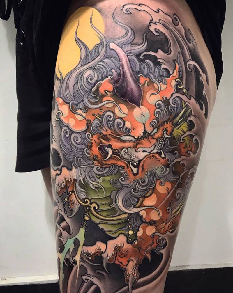 谛听纹身图片_腿部新传统谛听唐狮子大腿纹身图案