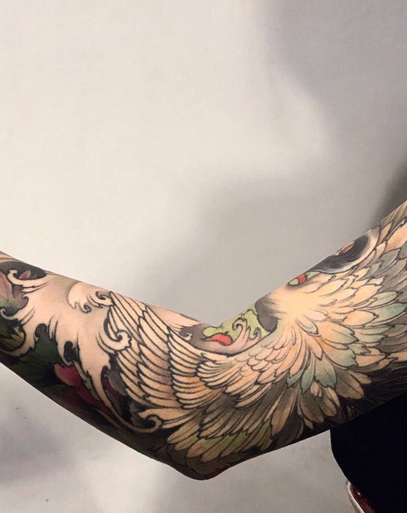 花臂 仙鹤纹身图片_手臂新传统仙鹤花臂鹤女生花臂纹身图案