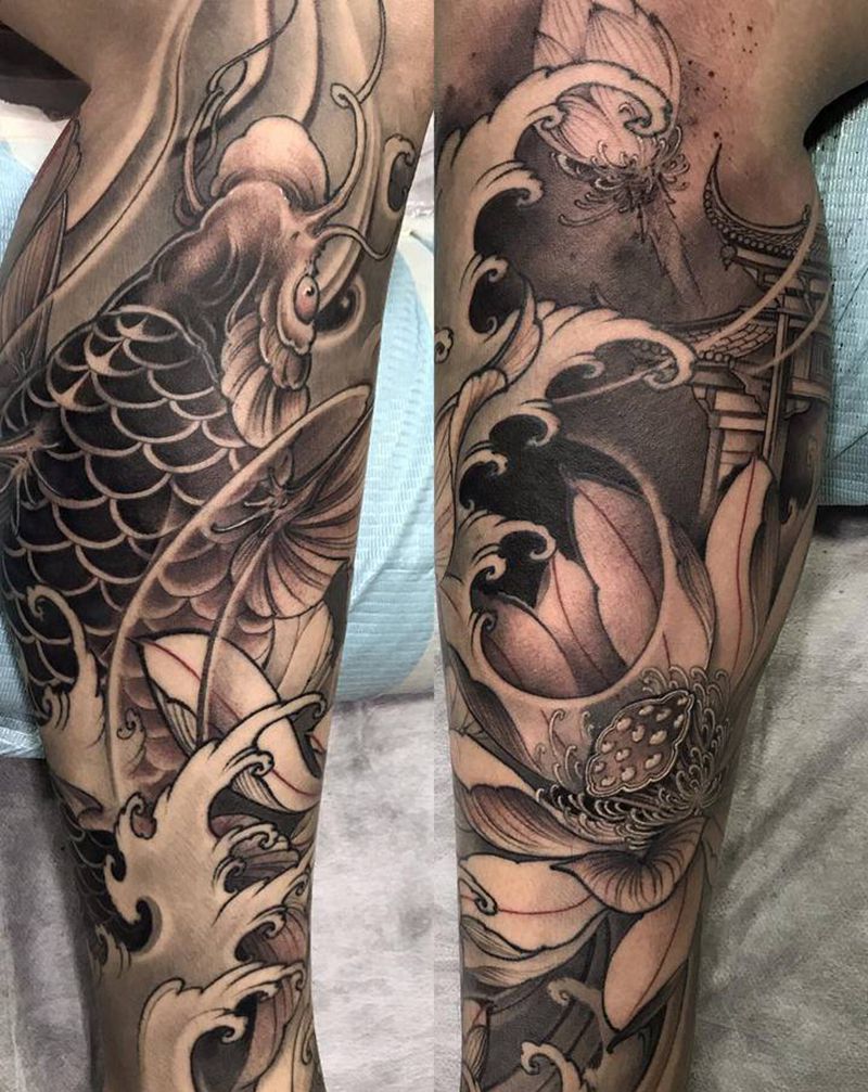 鲤鱼跃龙门纹身图片_腿部新传统锦鲤鲤鱼鲤鱼跃龙门纹身图案