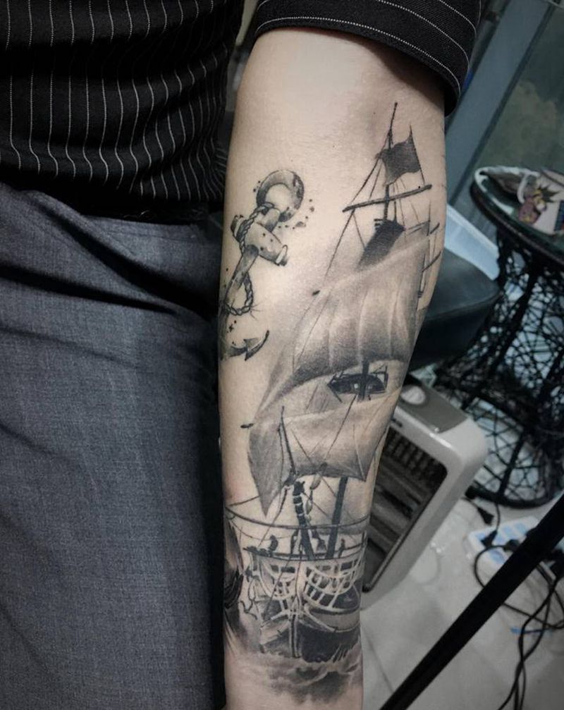 帆船纹身图片_手臂欧美写实帆船帆船欧美纹身图案