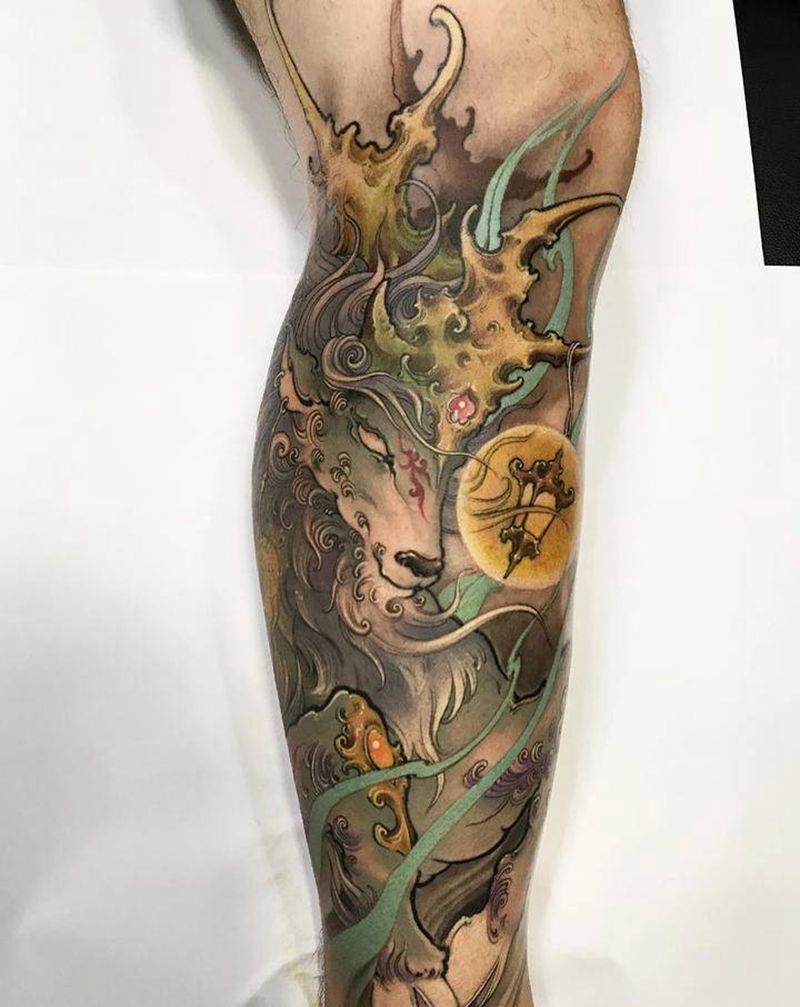 山海经异兽 白泽纹身图片_腿部新传统白泽山海经鹿纹身图案