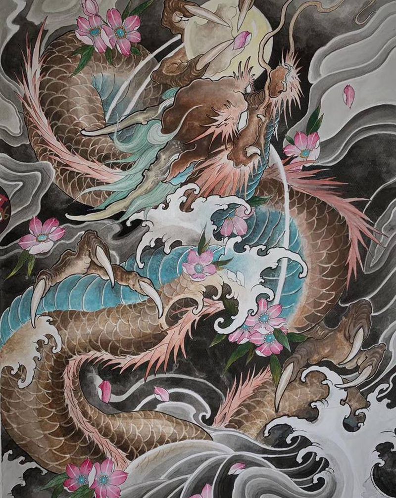 手稿纹身图片_新传统龙纹身图案