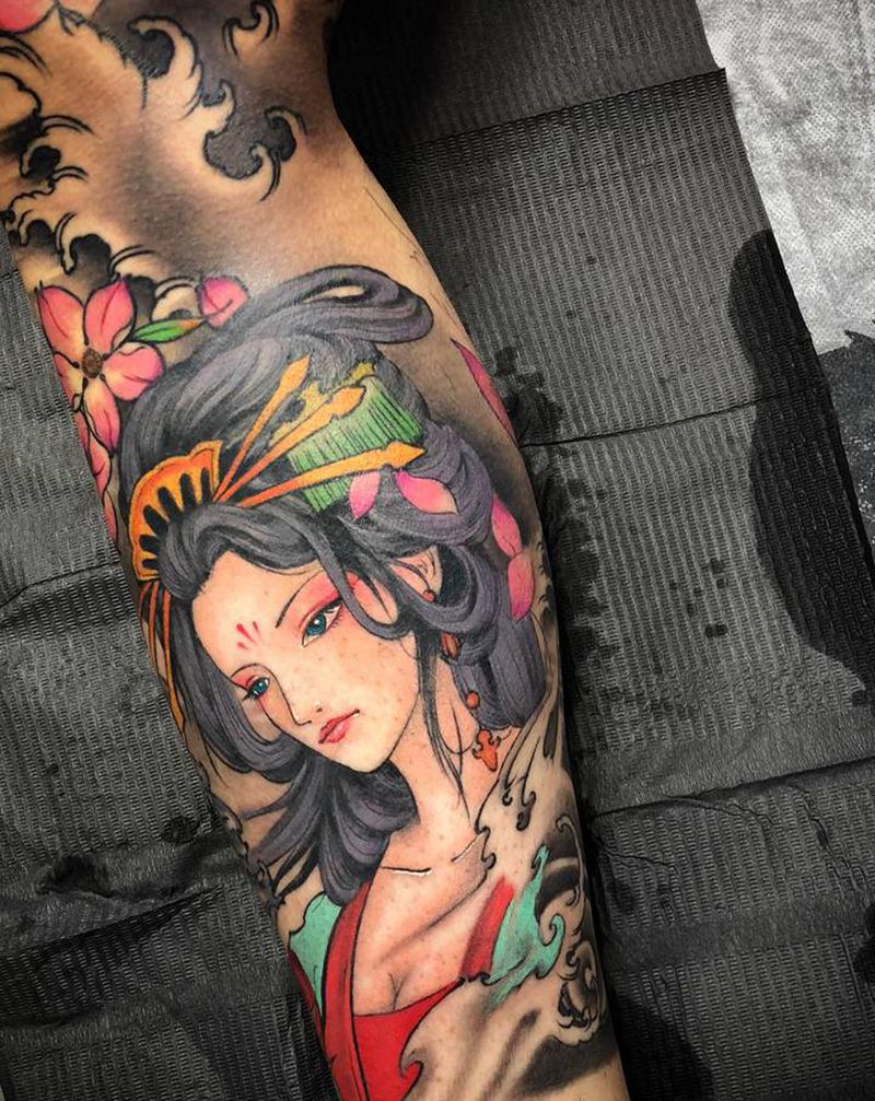 花腿艺妓局部展示纹身图片_腿部新传统纹身图案