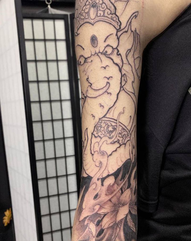 衔接花臂纹身图片_手臂新传统象神花臂纹身图案