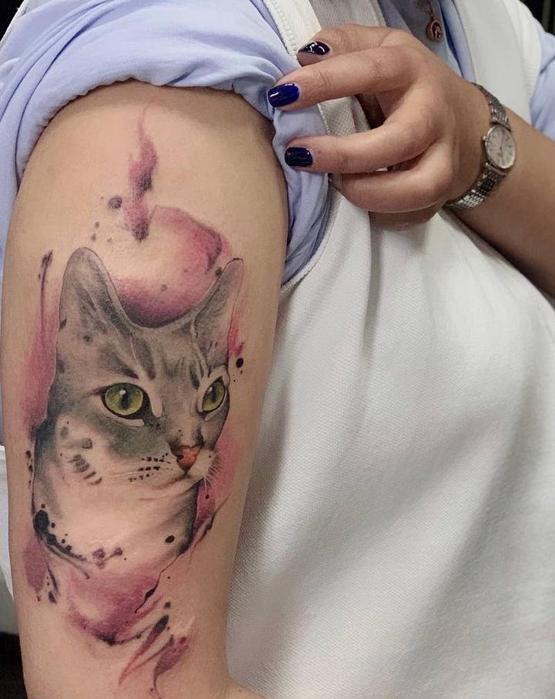 猫咪纹身图片_手部猫水彩猫纹身图案