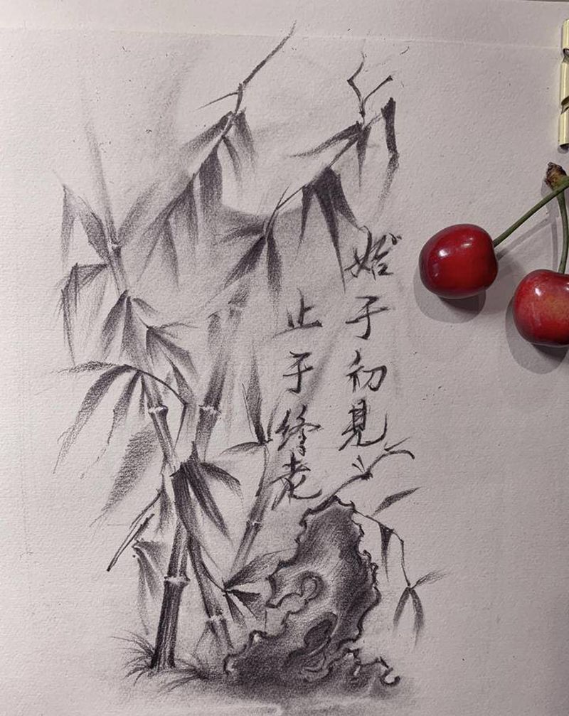 手稿纹身图片_腿部手稿竹子纹身图案