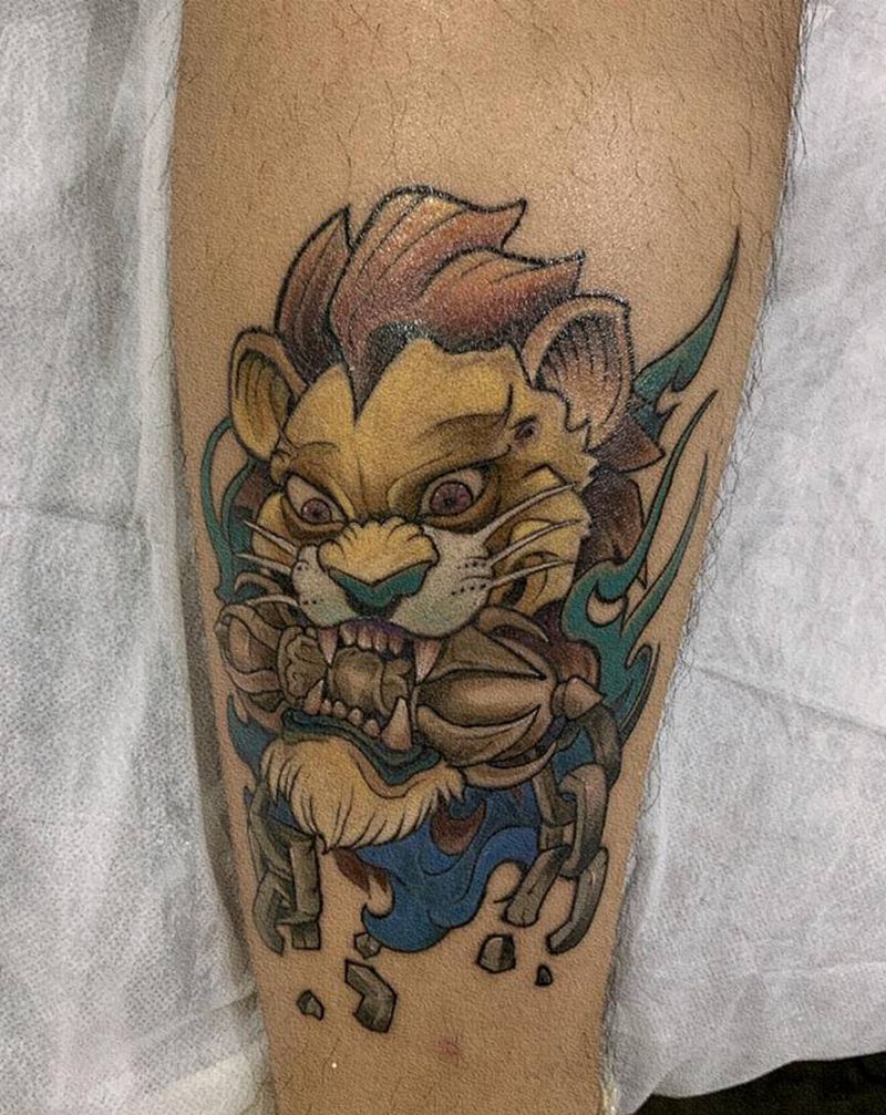 狮子纹身图片_腿部New School狮子纹身图案