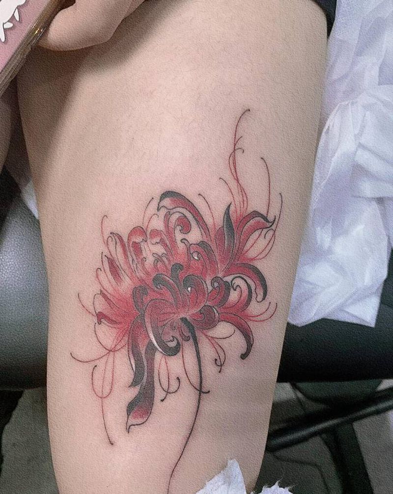 彼岸花纹身图片_腿部水彩彼岸花纹身图案