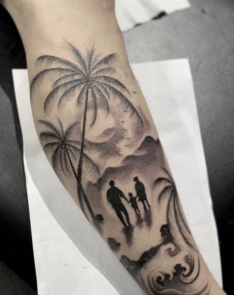 椰子树、海浪纹身图片_腿部纹身图案
