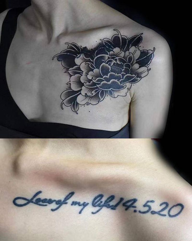 遮盖牡丹纹身图片_胸部纹身图案