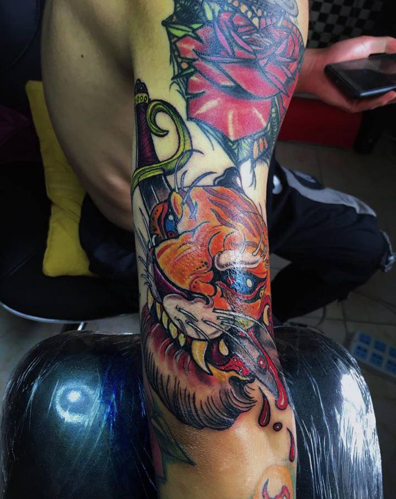 欧美传统花臂拼接纹身图片_手臂Old SchoolNew School纹身图案