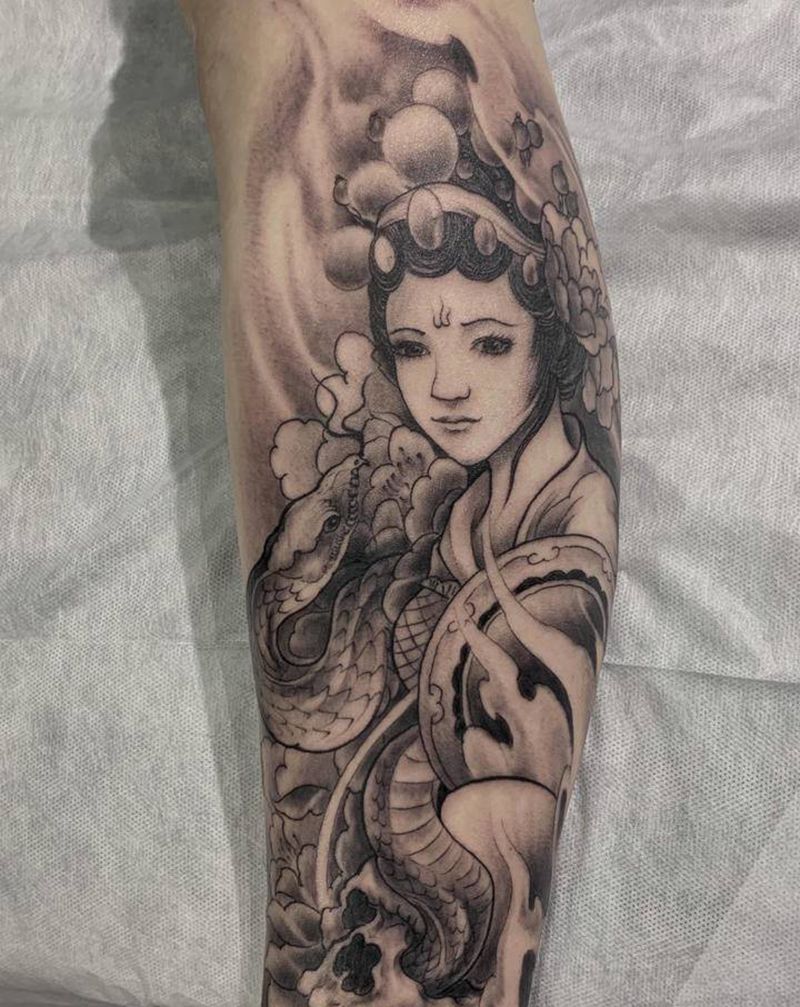 小腿花旦纹身图片_腿部新传统花旦纹身图案