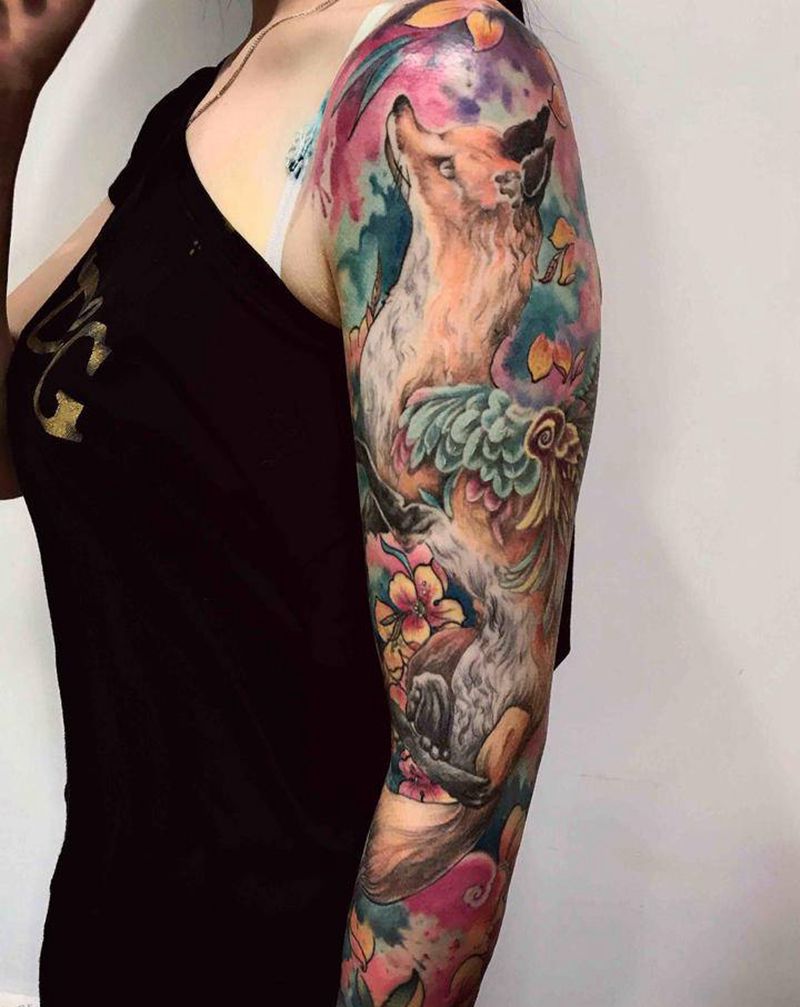 狐狸花臂纹身图片_手臂New School纹身图案