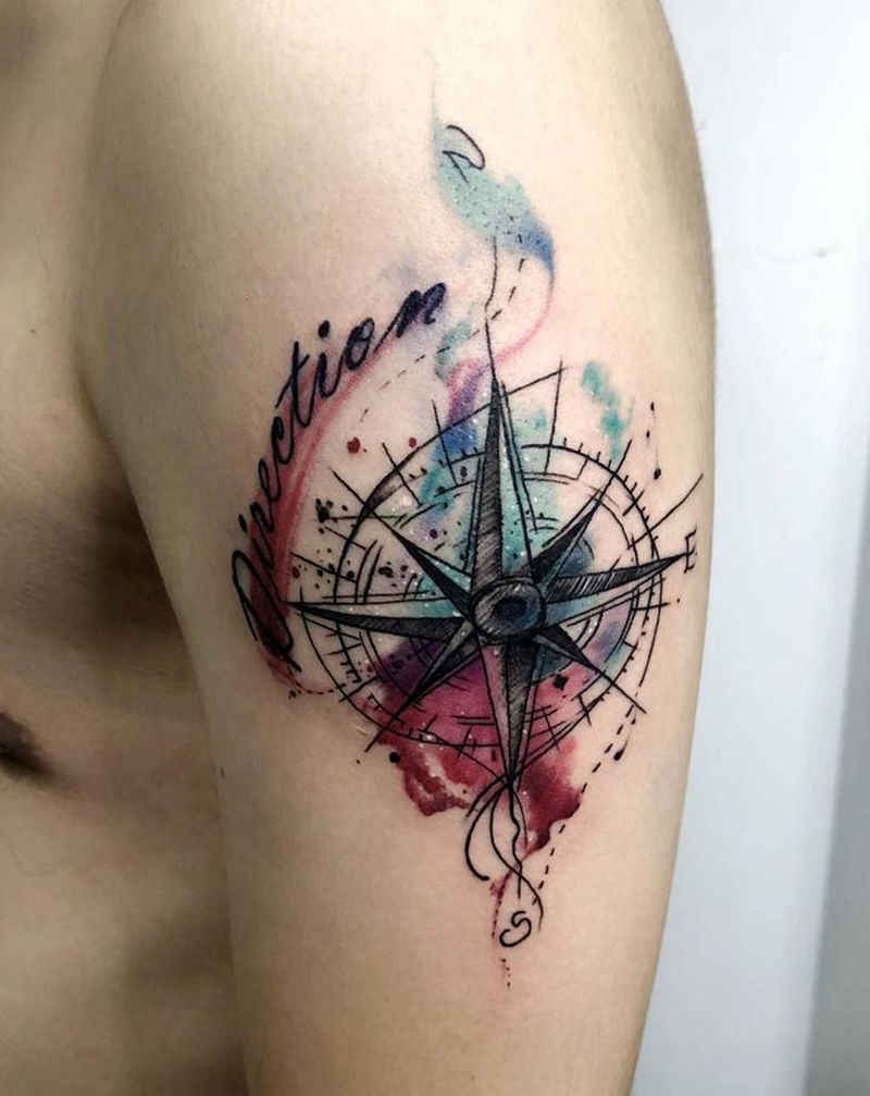 水彩指南针纹身图片_手部手臂水彩纹身图案