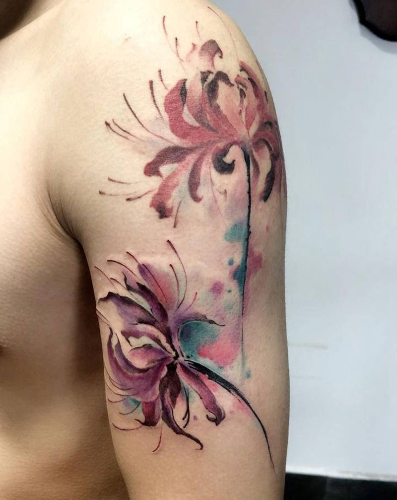 水彩彼岸花纹身图片_手臂水彩水墨纹身图案