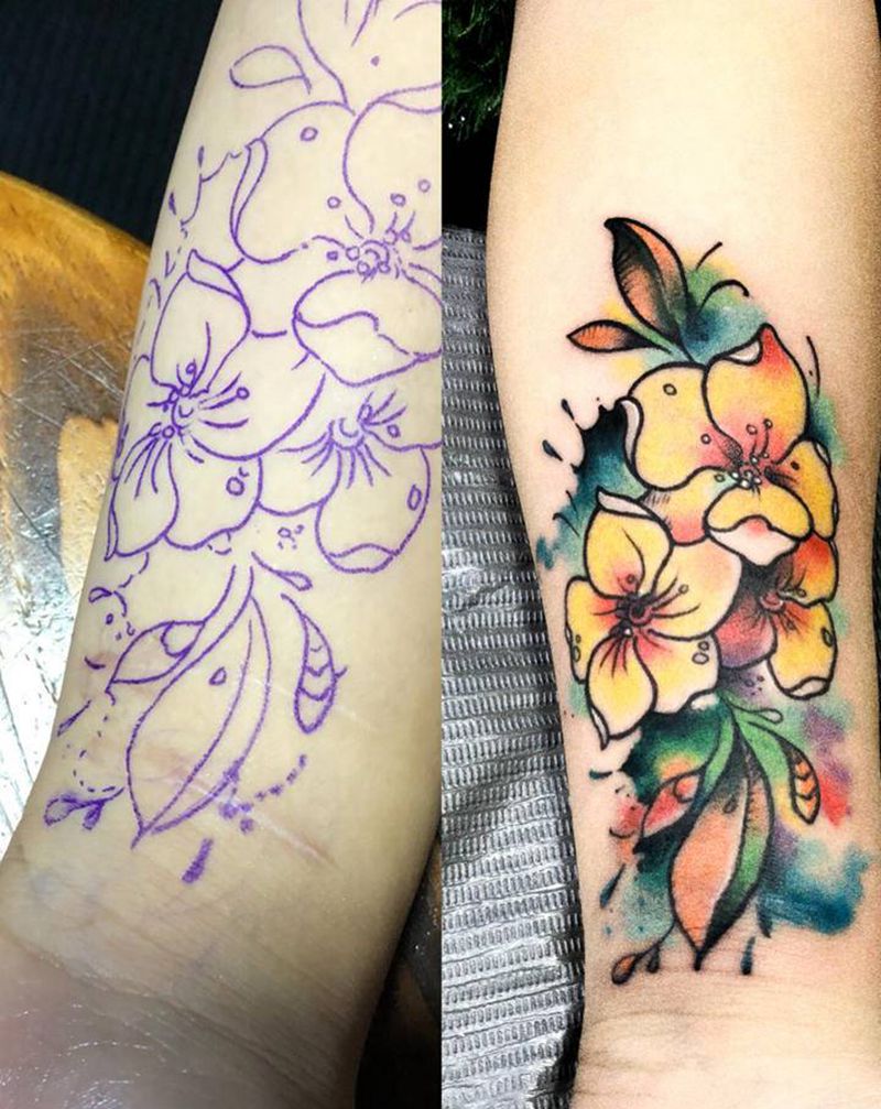遮盖疤痕纹身图片_手部手臂水彩水墨纹身图案